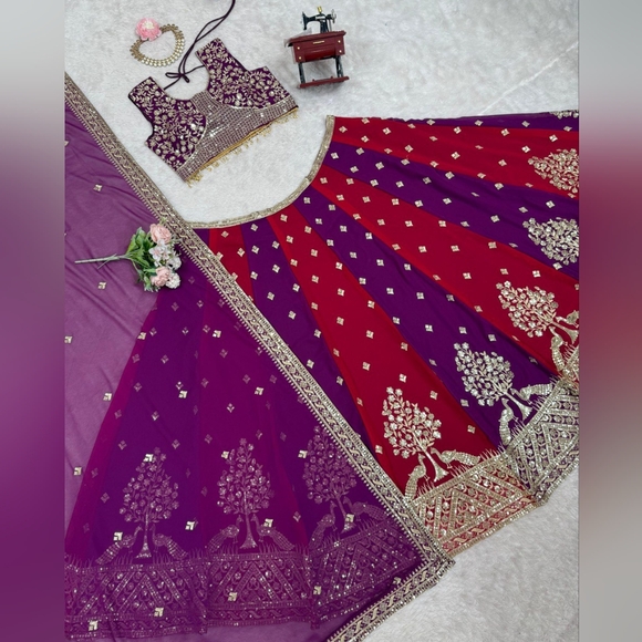 Lehenga Choli Set Heavy Embroidered Wedding Outfit Maroon Purplel Sangeet Garba - Picture 8 of 12